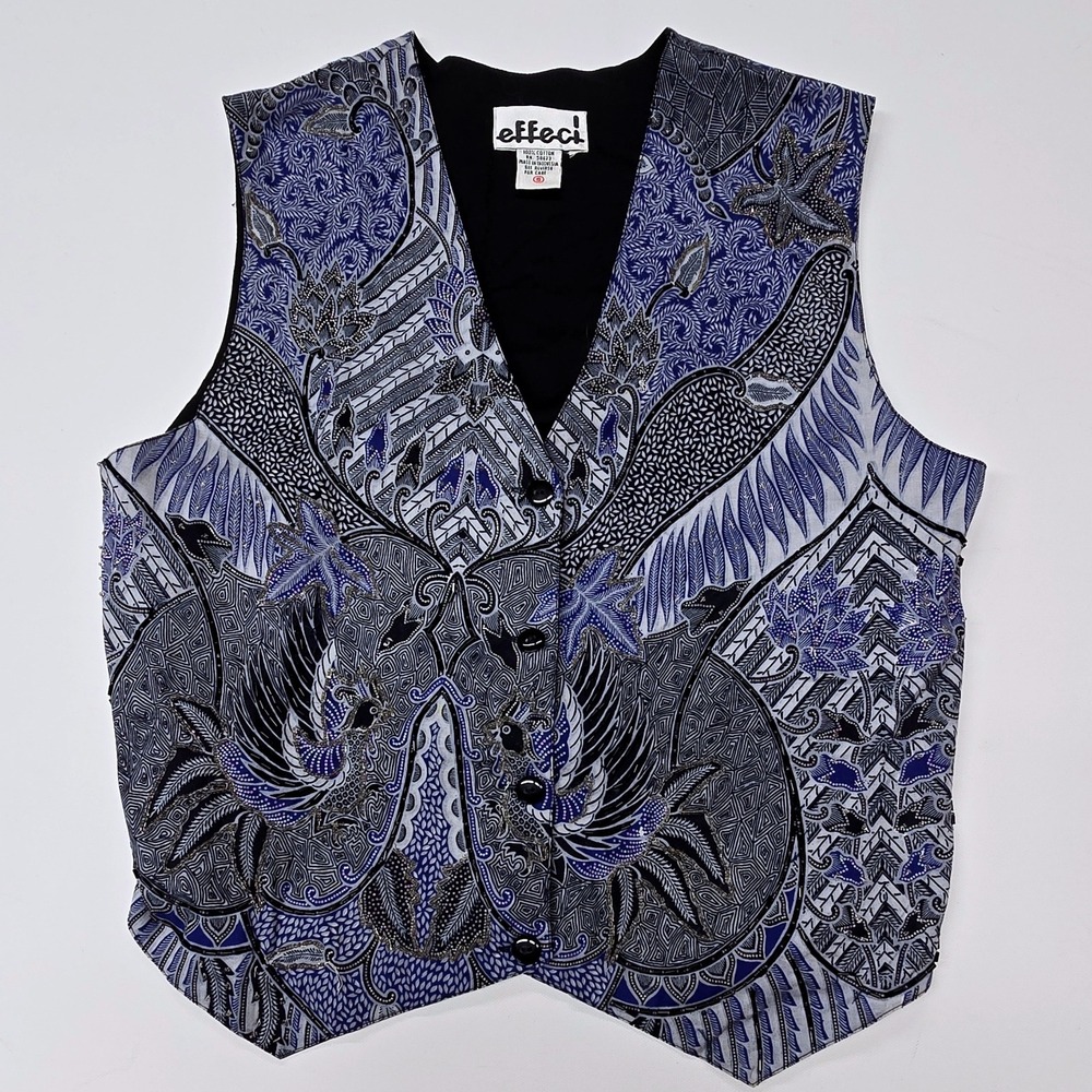 Effeci Women Vintage Batik Phoenix Beaded Cotton Vest Blue Black Small Indonesia
